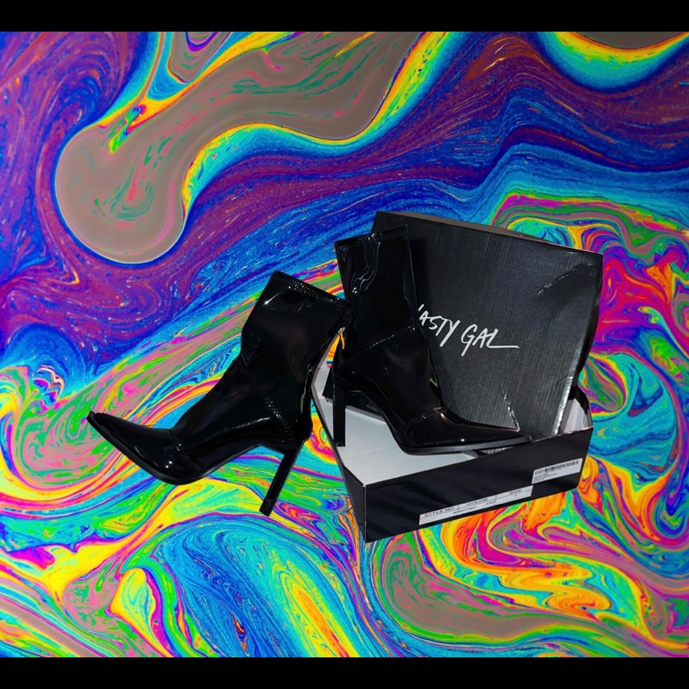 NASTY GAL- shiny black faux leather heels boots